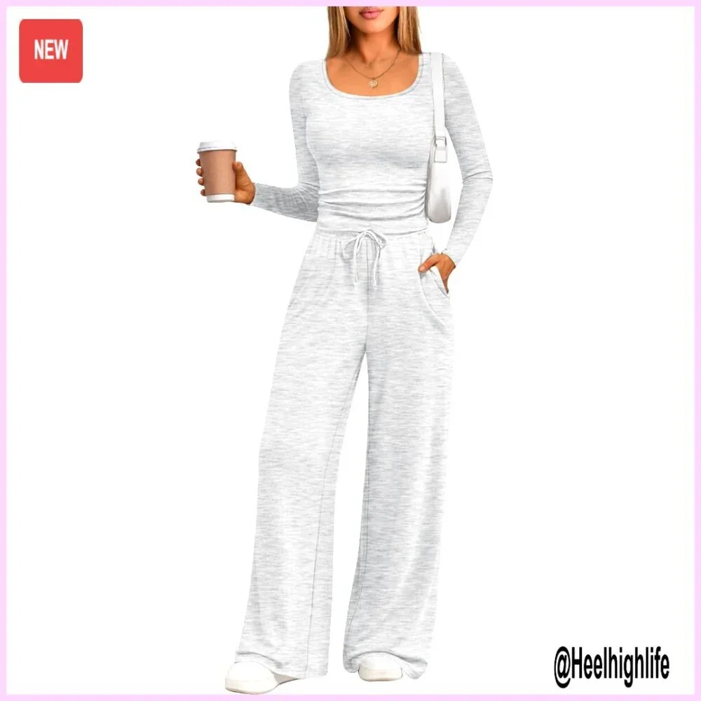 Scoop Neck Lounge Set Wide Leg Pants Crop Top Sweatsuit